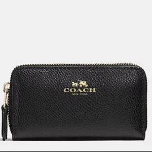 Coach Cross Grain Leather Double Zip Coin Case Black Light Gold Tone Hdwr NWT